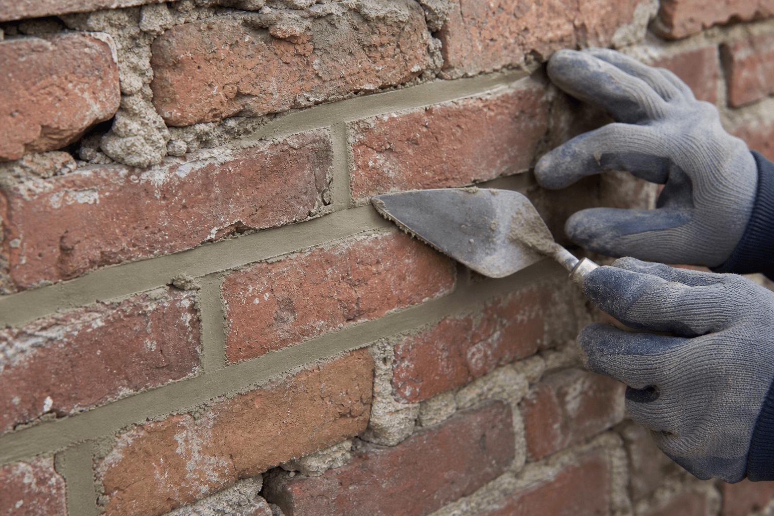 Bricklayer repointing mortar joints on a brick wall in Chilliwack, BC